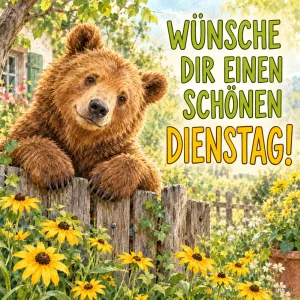 Braunbär schaut freundlich über einen Gartenzaun zwischen Blumen, Text: WÜNSCHE DIR EINEN SCHÖNEN DIENSTAG!