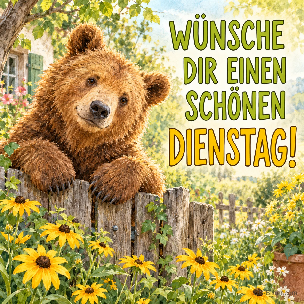 Braunbär schaut freundlich über einen Gartenzaun zwischen Blumen, Text: WÜNSCHE DIR EINEN SCHÖNEN DIENSTAG! Braunbär schaut freundlich über einen Gartenzaun zwischen Blumen, Text: WÜNSCHE DIR EINEN SCHÖNEN DIENSTAG!