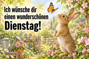 Hase streckt sich nach einem Schmetterling im Blumengarten, Text: Ich wünsche dir einen wunderschönen Dienstag!