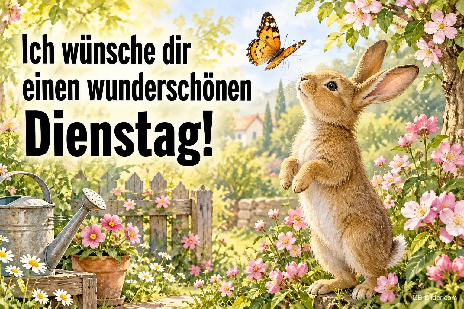 Hase streckt sich nach einem Schmetterling im Blumengarten, Text: Ich wünsche dir einen wunderschönen Dienstag! Hase streckt sich nach einem Schmetterling im Blumengarten, Text: Ich wünsche dir einen wunderschönen Dienstag!