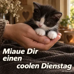 Schwarz-weißes Kätzchen sitzt in einer Hand, Text: Miaue Dir einen coolen Dienstag