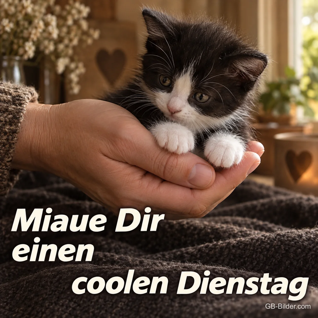 Schwarz-weißes Kätzchen sitzt in einer Hand, Text: Miaue Dir einen coolen Dienstag
