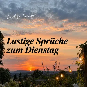 Abendhimmel im Sonnenuntergang über einem Garten mit Lichterkette, Text: Lustige Sprüche zum Dienstag