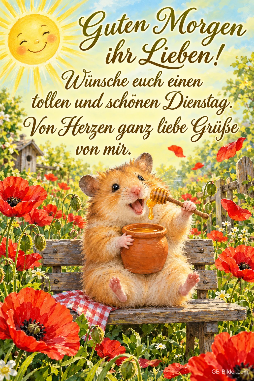 Hamster mit Honigtopf sitzt lachend auf einer Gartenbank zwischen Mohnblumen, Text: Guten Morgen ihr Lieben! Wünsche euch einen tollen und schönen Dienstag. Von Herzen ganz liebe Grüße von mir.