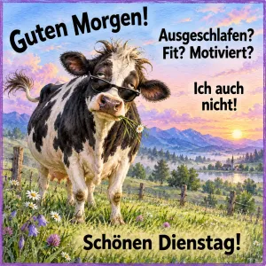 Kuh mit Sonnenbrille und Grashalm im Maul auf der Bergwiese, Text: Guten Morgen! Ausgeschlafen? Fit? Motiviert? Ich auch nicht! Schönen Dienstag!