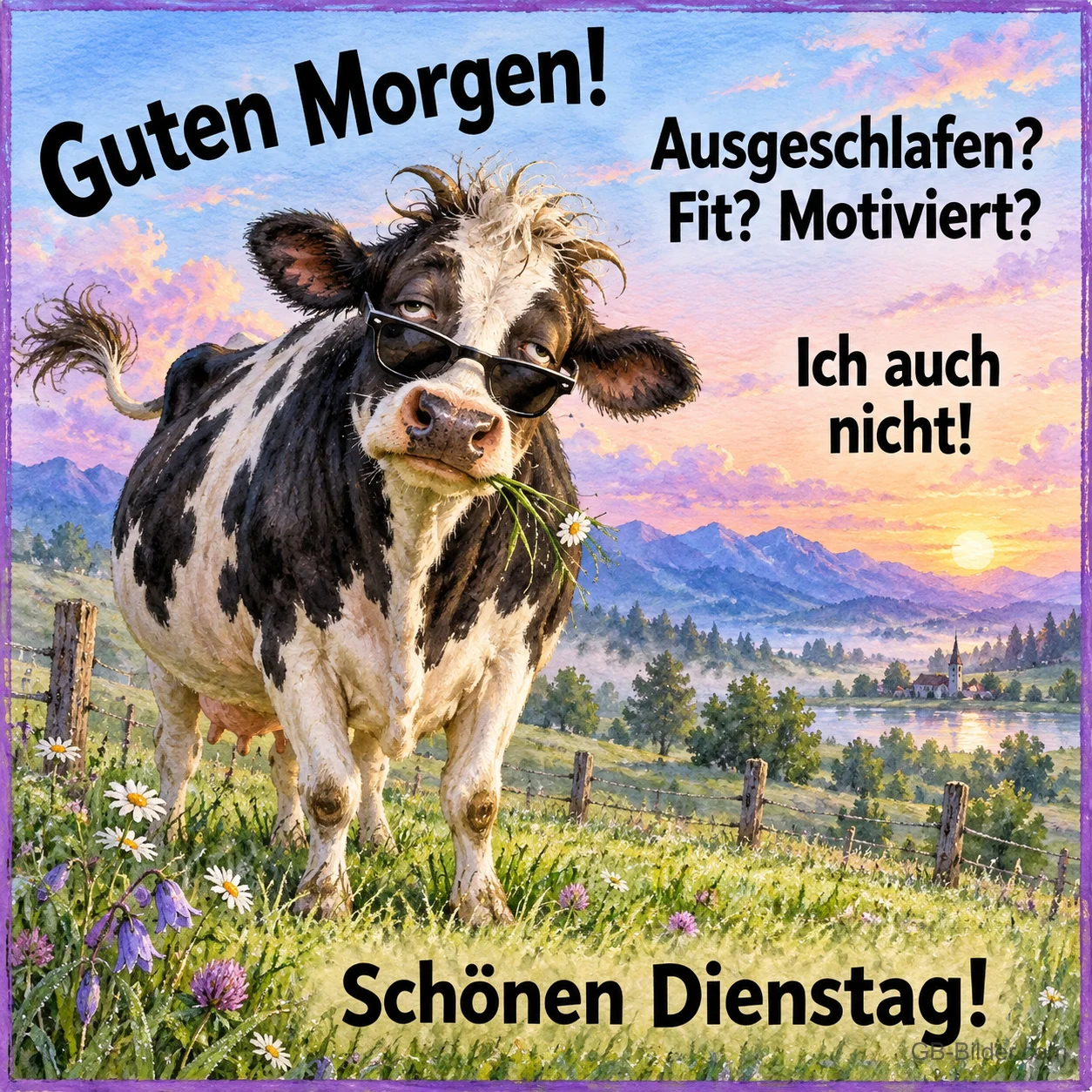 Kuh mit Sonnenbrille und Grashalm im Maul auf der Bergwiese, Text: Guten Morgen! Ausgeschlafen? Fit? Motiviert? Ich auch nicht! Schönen Dienstag! Kuh mit Sonnenbrille und Grashalm im Maul auf der Bergwiese, Text: Guten Morgen! Ausgeschlafen? Fit? Motiviert? Ich auch nicht! Schönen Dienstag!