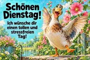 Ente schlägt jubelnd mit den Flügeln im Blumengarten, Text: Schönen Dienstag! Ich wünsche dir einen tollen und stressfreien Tag!