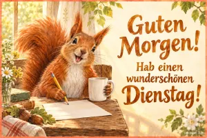 Eichhörnchen schreibt am Tisch neben einer Kaffeetasse, Text: Guten Morgen! Hab einen wunderschönen Dienstag!