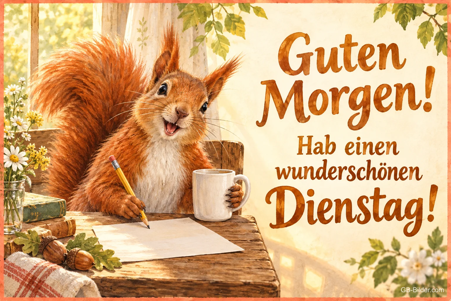 Eichhörnchen schreibt am Tisch neben einer Kaffeetasse, Text: Guten Morgen! Hab einen wunderschönen Dienstag! Eichhörnchen schreibt am Tisch neben einer Kaffeetasse, Text: Guten Morgen! Hab einen wunderschönen Dienstag!