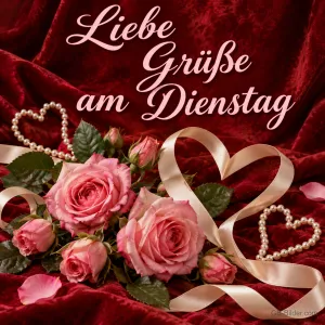 Rosa Rosen mit Satinband und Perlenherzen auf rotem Samt, Text: Liebe Grüße am Dienstag