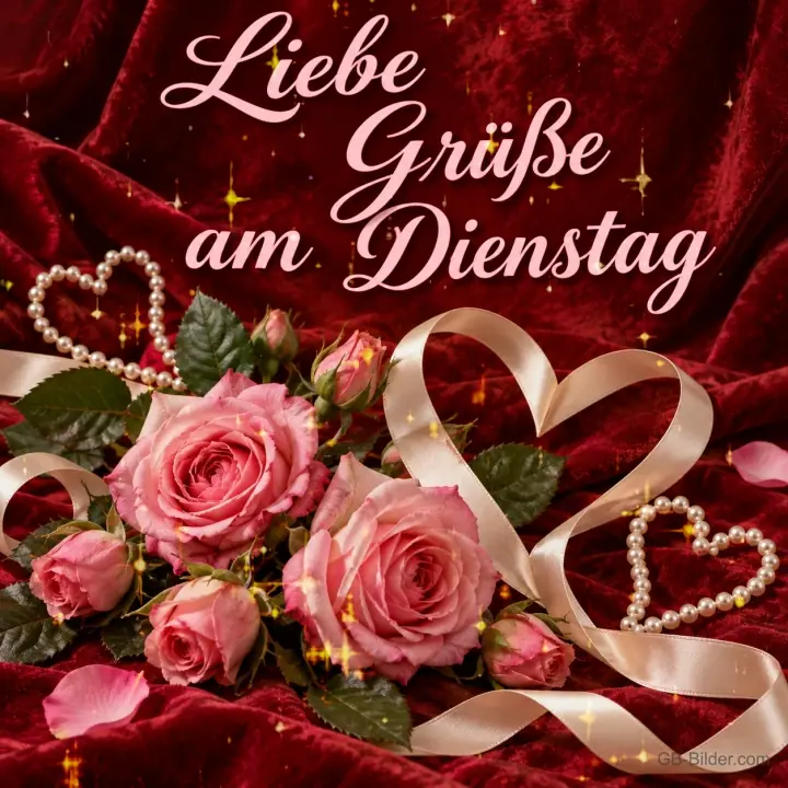 Rosa Rosen mit Satinband und Perlenherzen auf rotem Samt, Text: Liebe Grüße am Dienstag Rosa Rosen mit Satinband und Perlenherzen auf rotem Samt, Text: Liebe Grüße am Dienstag