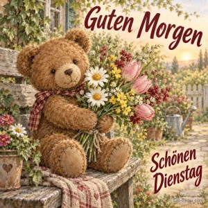 Teddybär mit Blumenstrauß, Text: Guten Morgen
