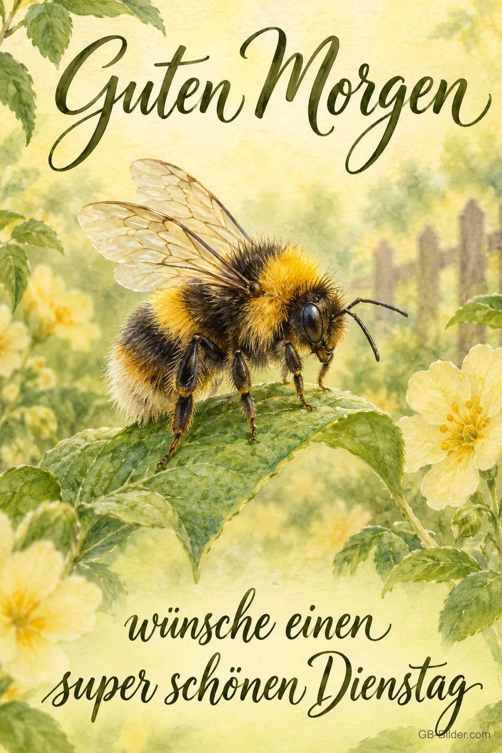 Hummel auf einem Blatt, Text: Guten Morgen Hummel auf einem Blatt, Text: Guten Morgen