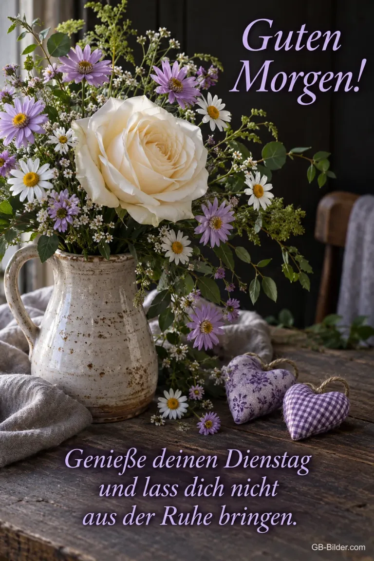 Weiße Rose und lila Astern in einem Krug neben Stoffherzen, Text: Guten Morgen! Genieße deinen Dienstag und lass dich nicht aus der Ruhe bringen.