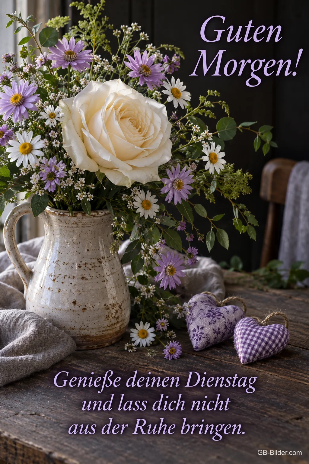 Weiße Rose und lila Astern in einem Krug neben Stoffherzen, Text: Guten Morgen! Genieße deinen Dienstag und lass dich nicht aus der Ruhe bringen. Weiße Rose und lila Astern in einem Krug neben Stoffherzen, Text: Guten Morgen! Genieße deinen Dienstag und lass dich nicht aus der Ruhe bringen.