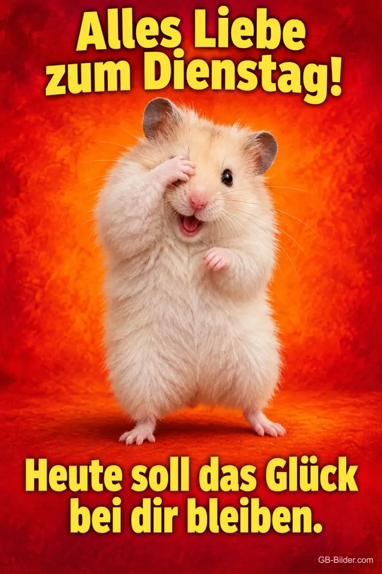 Hamster hält sich verlegen die Pfote vor das Gesicht vor rotem Hintergrund, Text: Alles Liebe zum Dienstag! Heute soll das Glück bei dir bleiben.