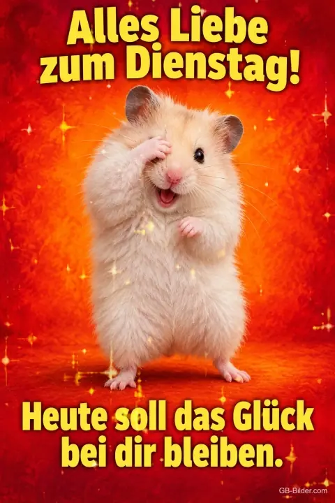Hamster hält sich verlegen die Pfote vor das Gesicht vor rotem Hintergrund, Text: Alles Liebe zum Dienstag! Heute soll das Glück bei dir bleiben. Hamster hält sich verlegen die Pfote vor das Gesicht vor rotem Hintergrund, Text: Alles Liebe zum Dienstag! Heute soll das Glück bei dir bleiben.