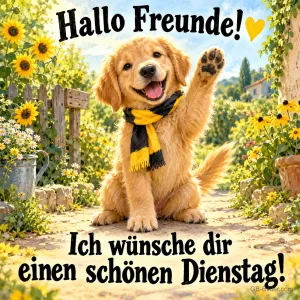 Golden-Retriever-Welpe mit gelb-schwarzem Schal winkt fröhlich im Garten, Text: Hallo Freunde! Ich wünsche dir einen schönen Dienstag!