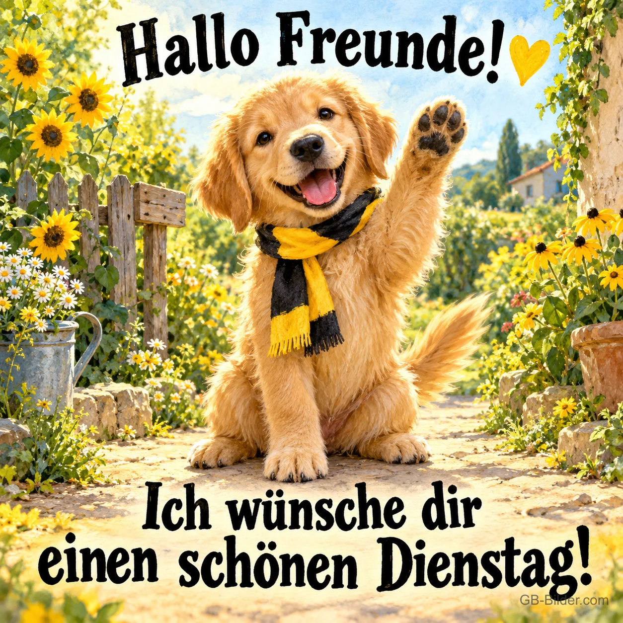 Golden-Retriever-Welpe mit gelb-schwarzem Schal winkt fröhlich im Garten, Text: Hallo Freunde! Ich wünsche dir einen schönen Dienstag! Golden-Retriever-Welpe mit gelb-schwarzem Schal winkt fröhlich im Garten, Text: Hallo Freunde! Ich wünsche dir einen schönen Dienstag!