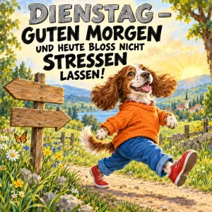 Hund im Pullover läuft fröhlich an einem Wegweiser vorbei, Text: DIENSTAG – GUTEN MORGEN UND HEUTE BLOSS NICHT STRESSEN LASSEN!