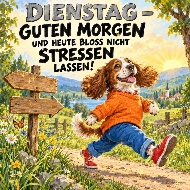 Hund im Pullover läuft fröhlich an einem Wegweiser vorbei, Text: DIENSTAG – GUTEN MORGEN UND HEUTE BLOSS NICHT STRESSEN LASSEN! Hund im Pullover läuft fröhlich an einem Wegweiser vorbei, Text: DIENSTAG – GUTEN MORGEN UND HEUTE BLOSS NICHT STRESSEN LASSEN!