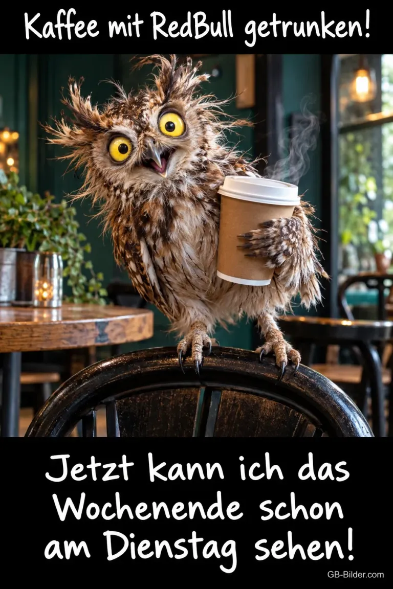 Zerzauste Eule mit weit aufgerissenen Augen hält einen Kaffeebecher im Café, Text: Kaffee mit RedBull getrunken! Jetzt kann ich das Wochenende schon am Dienstag sehen!