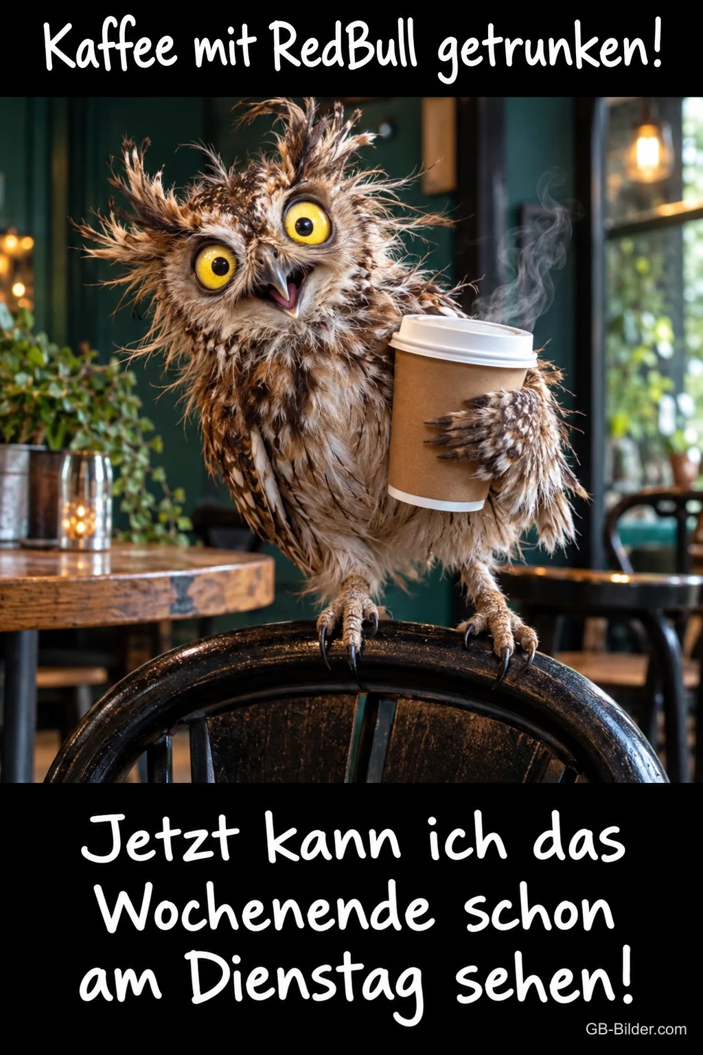 Zerzauste Eule mit weit aufgerissenen Augen hält einen Kaffeebecher im Café, Text: Kaffee mit RedBull getrunken! Jetzt kann ich das Wochenende schon am Dienstag sehen!