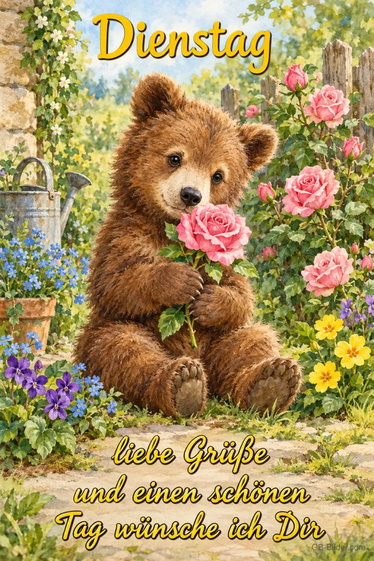 Junger Bär mit rosa Rose im Garten, Text: Dienstag – Liebe Grüße und einen schönen Tag wünsche ich dir