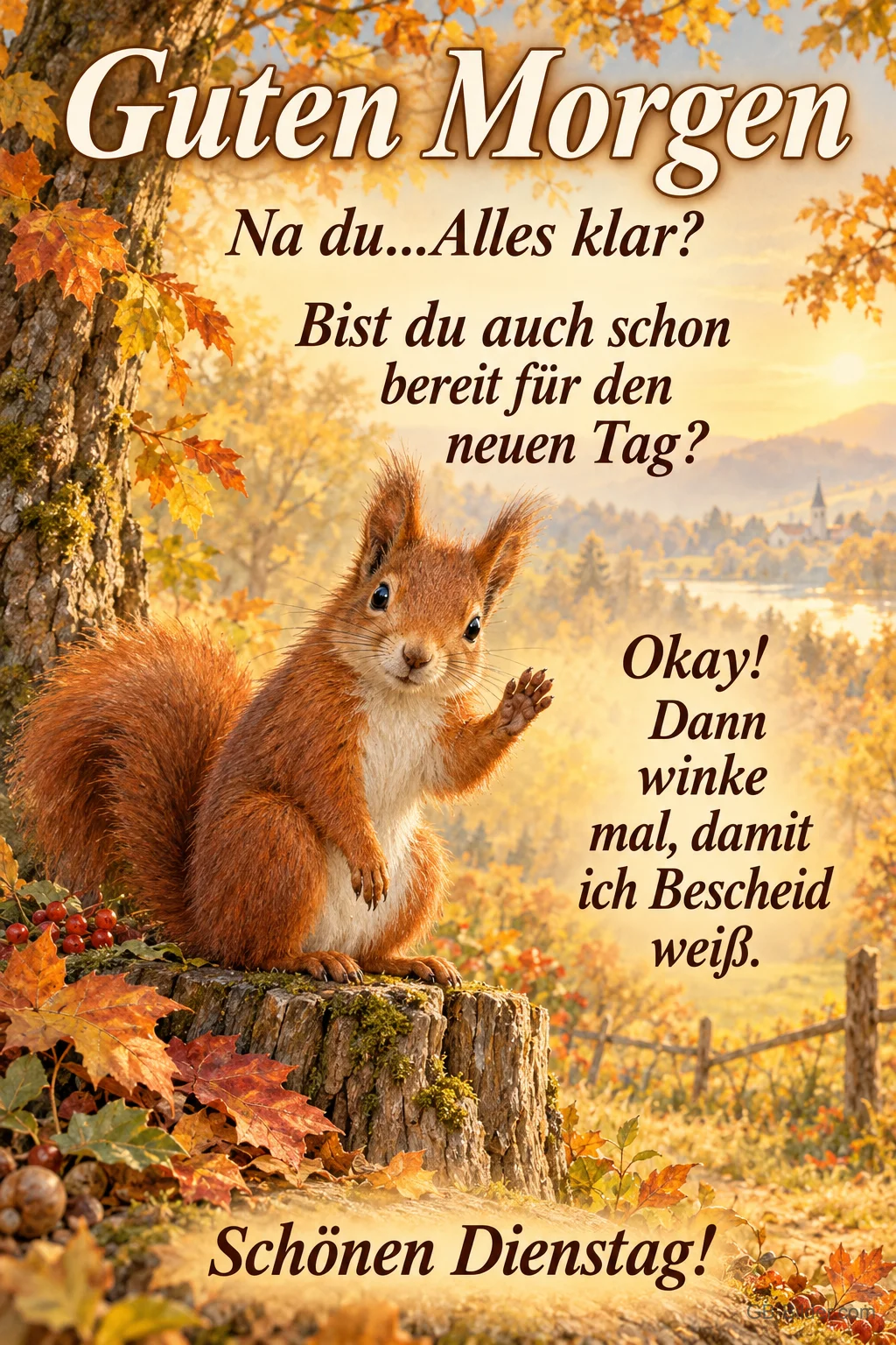 Winkendes Eichhörnchen im Herbst, Text: Guten Morgen