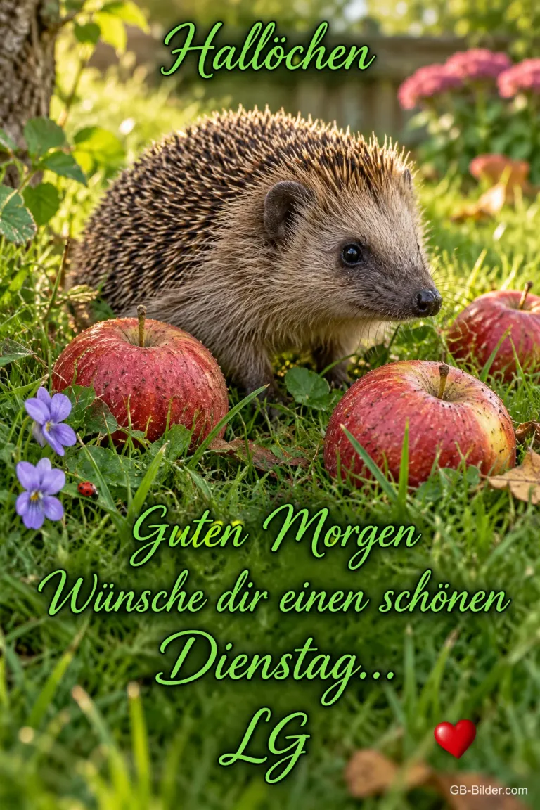 Igel zwischen Äpfeln, Text: Hallöchen