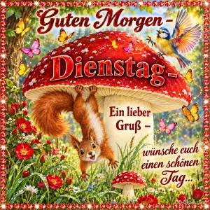 Eichhörnchen hängt kopfüber an einem großen Fliegenpilz, Text: Guten Morgen – Dienstag – Ein lieber Gruß – wünsche euch einen schönen Tag...