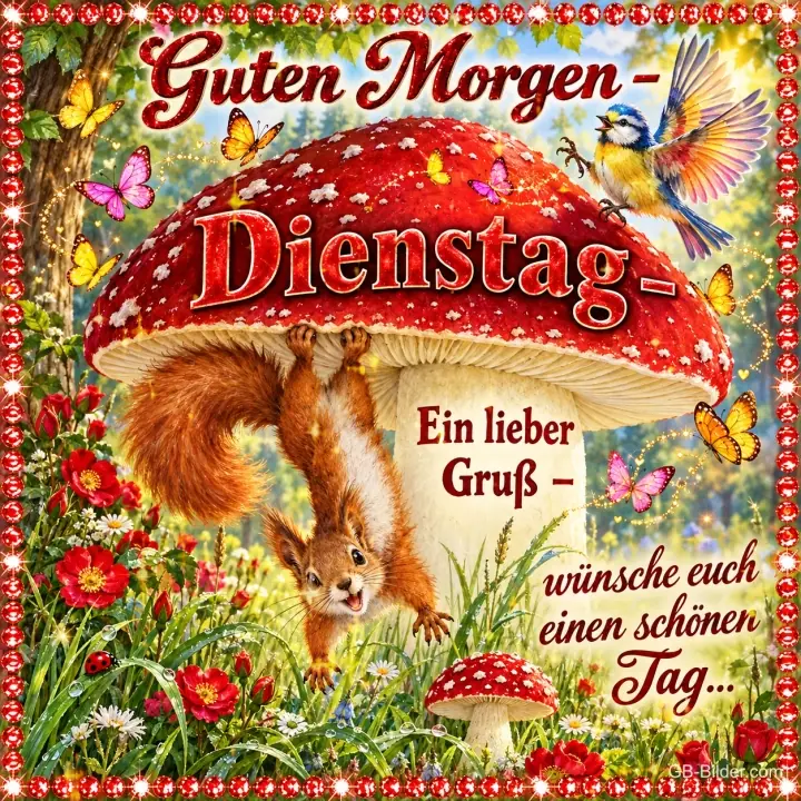 Eichhörnchen hängt kopfüber an einem großen Fliegenpilz, Text: Guten Morgen – Dienstag – Ein lieber Gruß – wünsche euch einen schönen Tag...