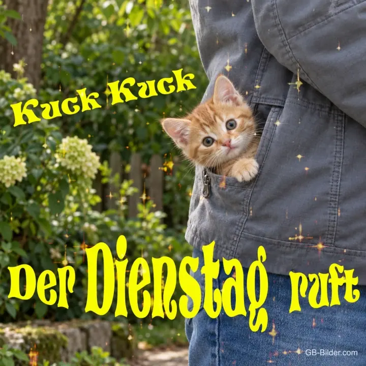Kleines Kätzchen schaut aus einer Jackentasche, Text: Kuck Kuck – Der Dienstag ruft