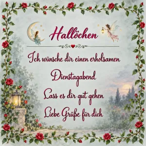 Rahmen aus Rosenranken mit Fee und Laterne, Text: Hallöchen – Einen erholsamen Dienstagabend