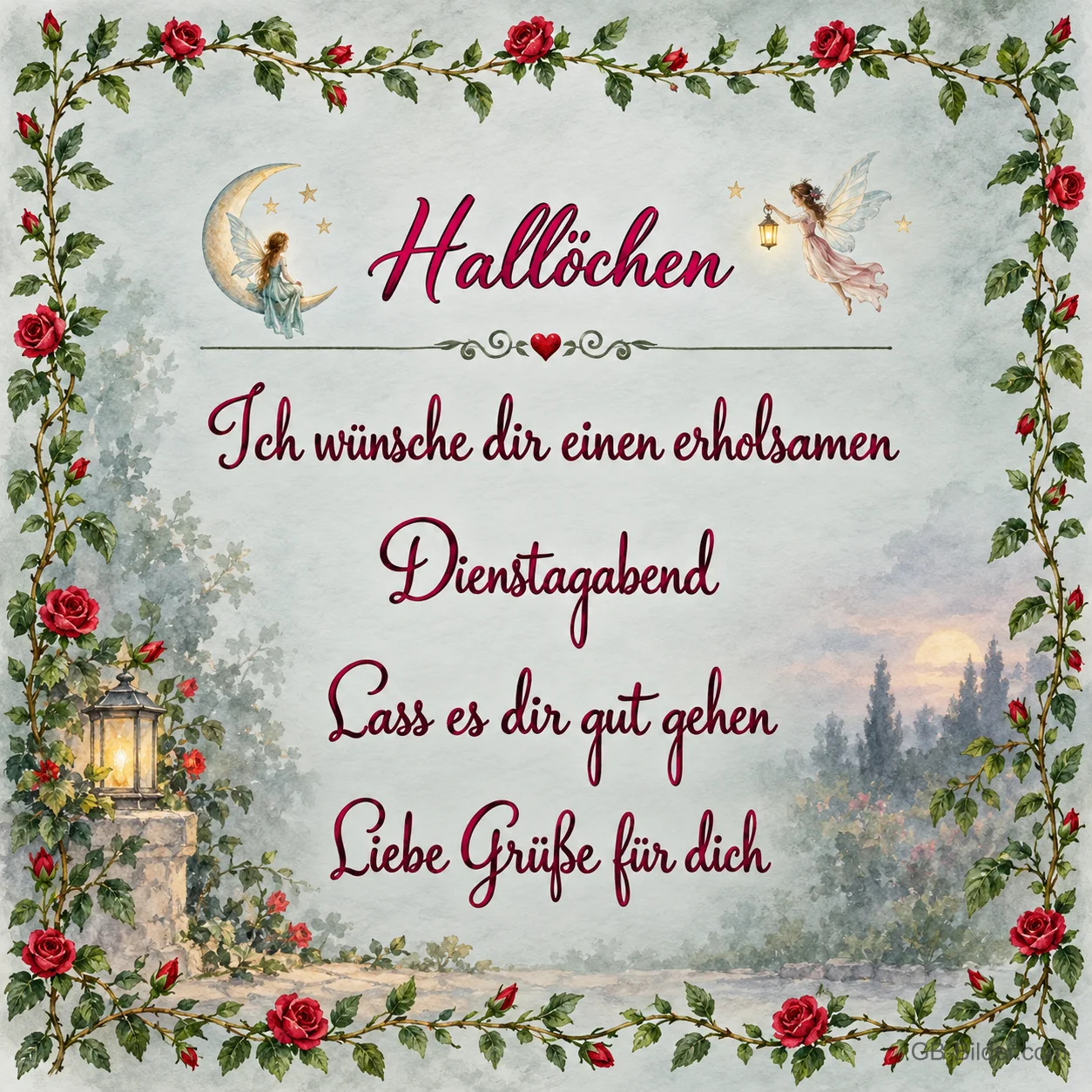 Rahmen aus Rosenranken mit Fee und Laterne, Text: Hallöchen – Einen erholsamen Dienstagabend Rahmen aus Rosenranken mit Fee und Laterne, Text: Hallöchen – Einen erholsamen Dienstagabend