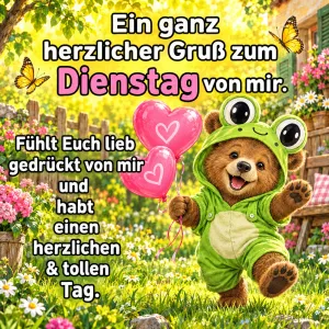 Bär im Froschkostüm läuft mit Herzballons durch den Garten, Text: Ein ganz herzlicher Gruß zum Dienstag von mir. Fühlt Euch lieb gedrückt von mir und habt einen herzlichen & tollen Tag.