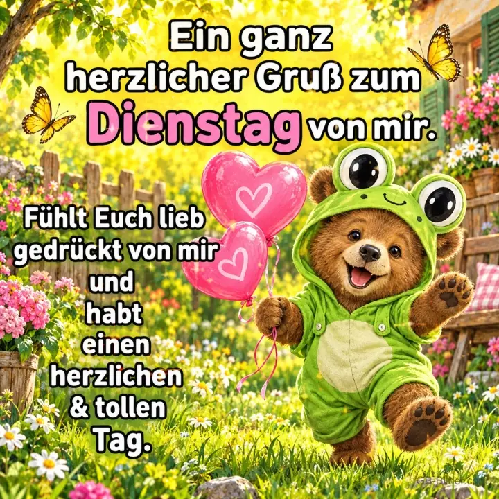 Bär im Froschkostüm läuft mit Herzballons durch den Garten, Text: Ein ganz herzlicher Gruß zum Dienstag von mir. Fühlt Euch lieb gedrückt von mir und habt einen herzlichen & tollen Tag.