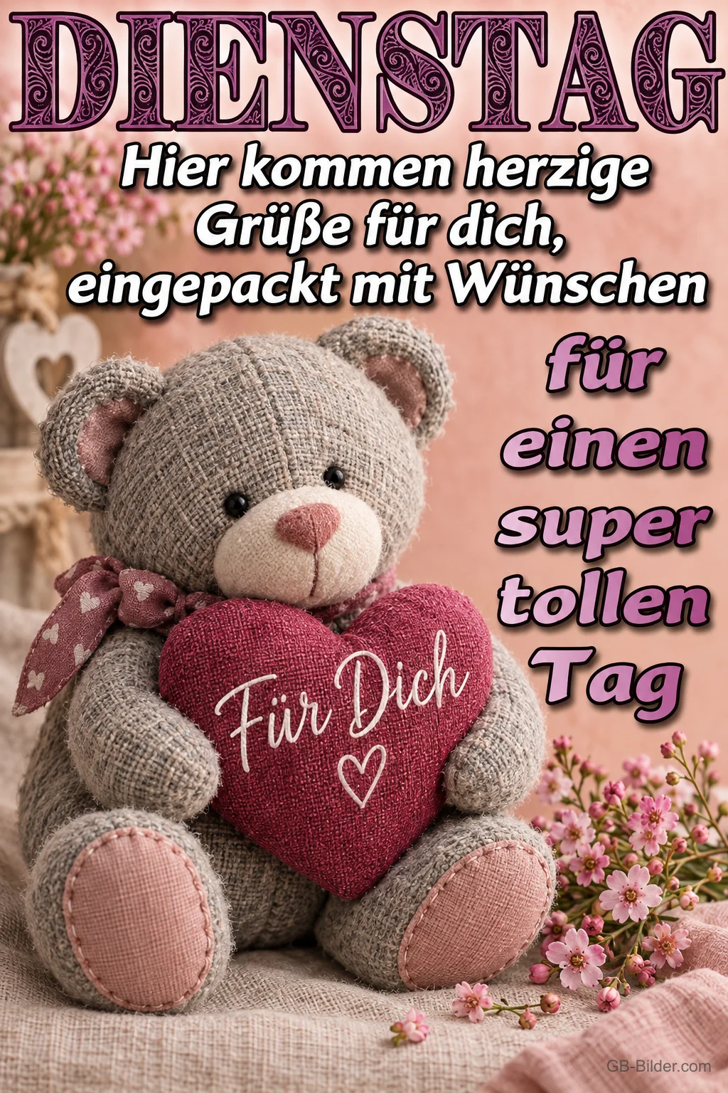 Teddybär mit Stoffherz, Text: DIENSTAG Teddybär mit Stoffherz, Text: DIENSTAG