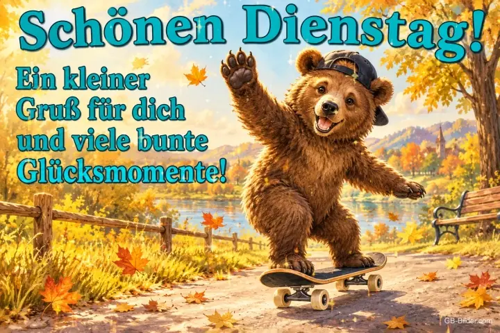 Bär mit Kappe fährt winkend Skateboard durch einen herbstlichen Park, Text: Schönen Dienstag! Ein kleiner Gruß für dich und viele bunte Glücksmomente! Bär mit Kappe fährt winkend Skateboard durch einen herbstlichen Park, Text: Schönen Dienstag! Ein kleiner Gruß für dich und viele bunte Glücksmomente!