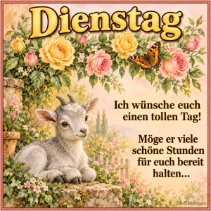 Zicklein unter einem Rosenbogen, Text: Dienstag – Ich wünsche euch einen tollen Tag!