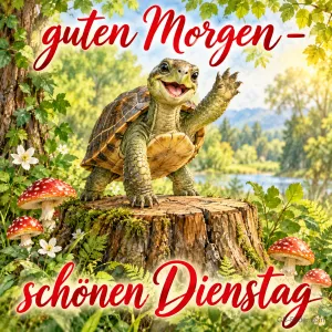 Schildkröte winkt lachend von einem Baumstumpf zwischen Fliegenpilzen, Text: guten Morgen – schönen Dienstag