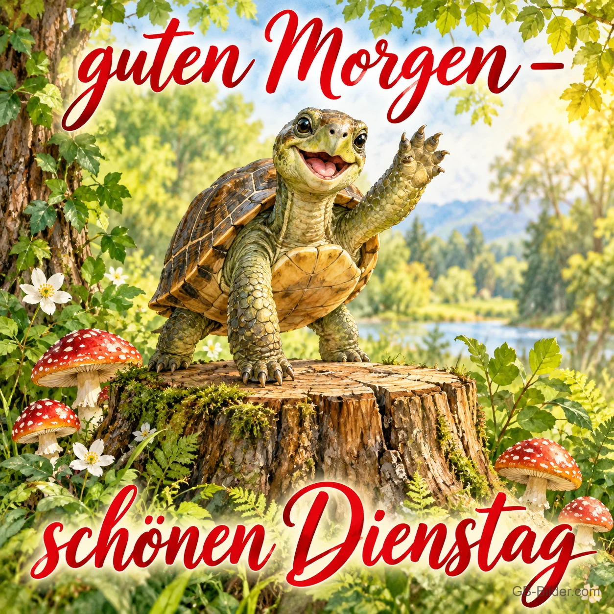 Schildkröte winkt lachend von einem Baumstumpf zwischen Fliegenpilzen, Text: guten Morgen – schönen Dienstag Schildkröte winkt lachend von einem Baumstumpf zwischen Fliegenpilzen, Text: guten Morgen – schönen Dienstag