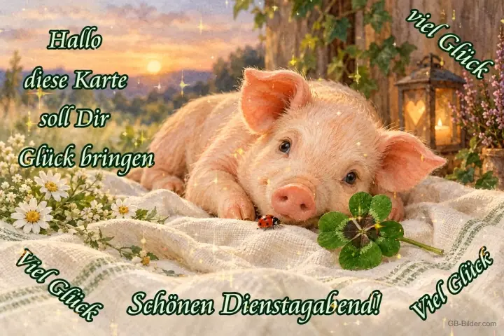 Ferkel mit Kleeblatt und Marienkäfer, Text: Diese Karte soll dir Glück bringen. Schönen Dienstagabend! Ferkel mit Kleeblatt und Marienkäfer, Text: Diese Karte soll dir Glück bringen. Schönen Dienstagabend!