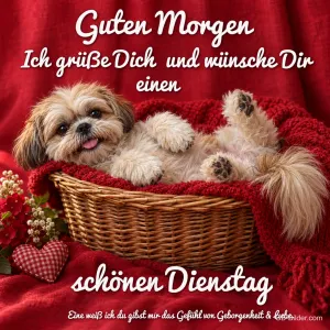 Hund im Weidenkorb, Text: Guten Morgen