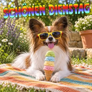 Papillon mit Sonnenbrille und Eis auf einer Decke, Text: Schönen Dienstag