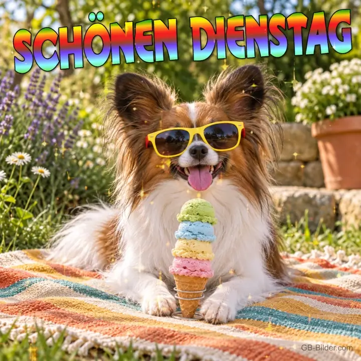 Papillon mit Sonnenbrille und Eis auf einer Decke, Text: Schönen Dienstag