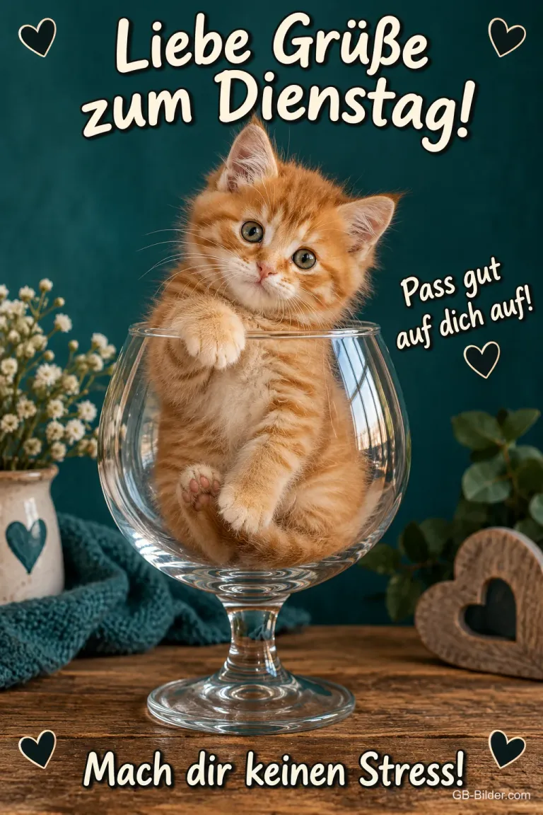 Rotes Kätzchen sitzt in einem großen Glas, Text: Liebe Grüße zum Dienstag! Pass gut auf dich auf! Mach dir keinen Stress!