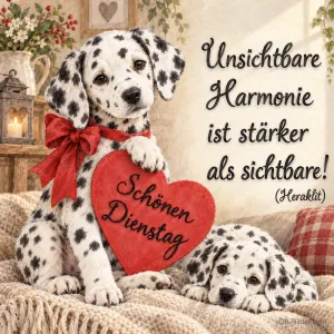 Dalmatinerwelpen mit rotem Herz, Zitat Heraklit: Unsichtbare Harmonie ist stärker als sichtbare! Schönen Dienstag