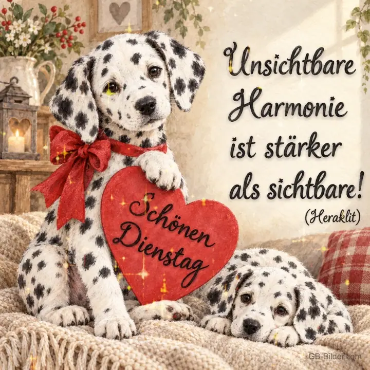 Dalmatinerwelpen mit rotem Herz, Zitat Heraklit: Unsichtbare Harmonie ist stärker als sichtbare! Schönen Dienstag