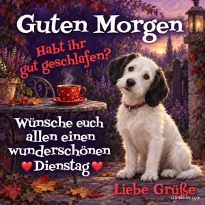 Schwarz-weißer Hund, Text: Guten Morgen